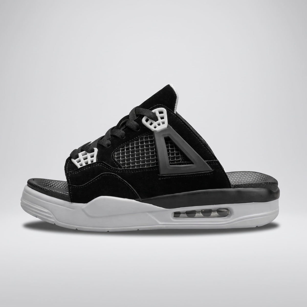 Black FORCIANO AERO Height Increasing Slippers shown in a clean side profile with open toe, laces, and white sole.