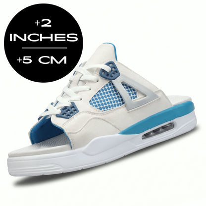 White and blue FORCIANO AERO Height Increasing Slippers shown from a front angle with the 5 cm / 2" height graphic.