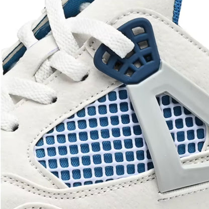 Close-up of white and blue FORCIANO AERO Height Increasing Slippers showing the laces, mesh panel, and side support detail.