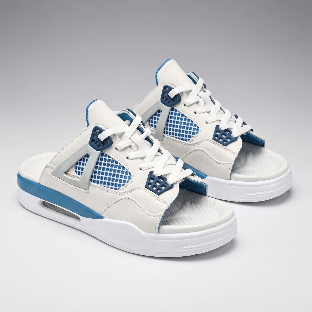 Pair of white and blue FORCIANO AERO Height Increasing Slippers shown from a front three-quarter product angle.