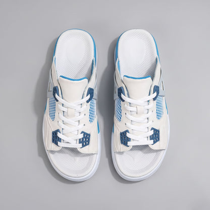 Pair of white and blue FORCIANO AERO Height Increasing Slippers shown from the top with white laces and blue accents.