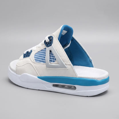White and blue FORCIANO AERO Height Increasing Slippers shown from a rear three-quarter angle with blue interior accents.