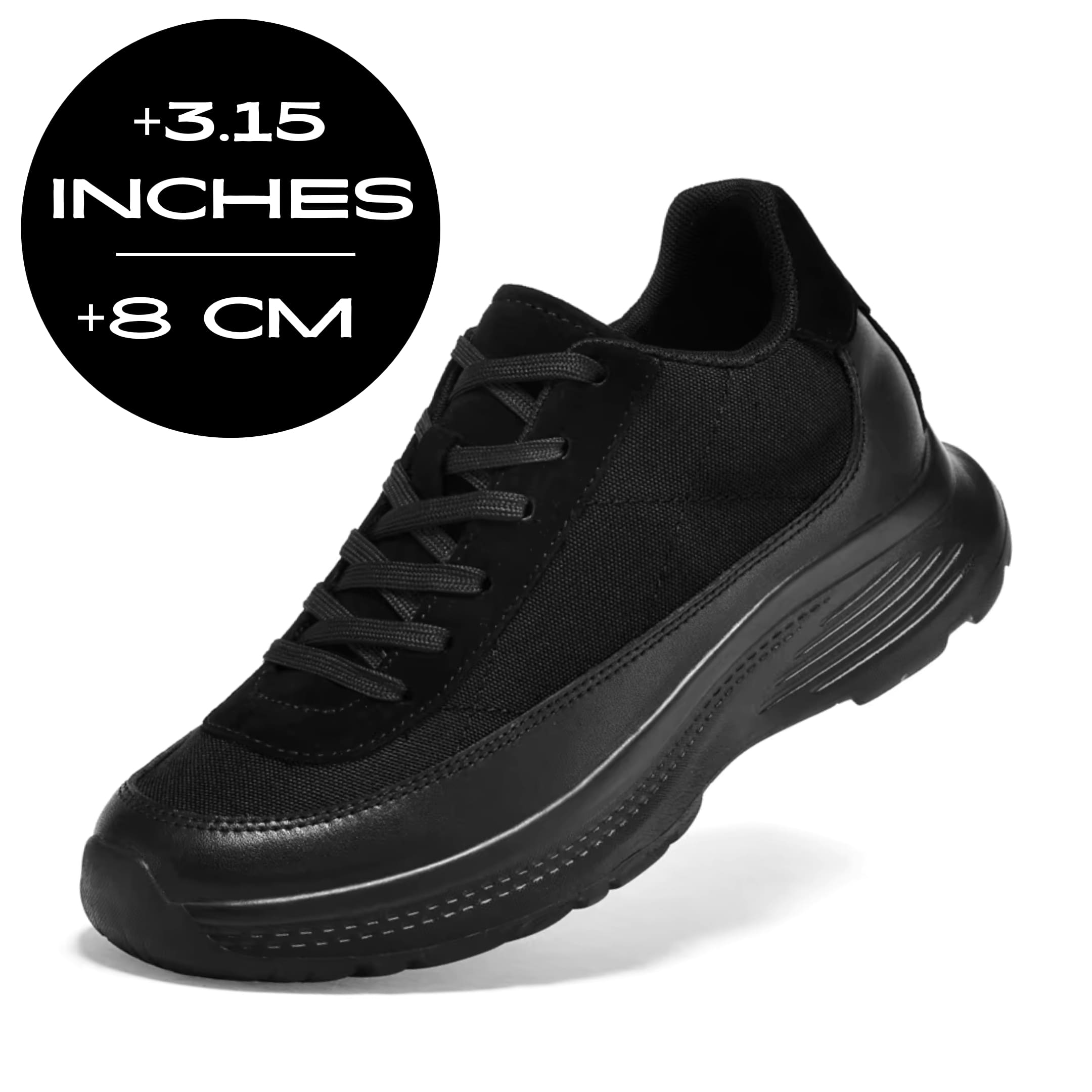 FORCIANO AEROX black height increasing sneakers with premium leather upper shown from a front three-quarter angle with an 8 cm / 3.15 inches height graphic.