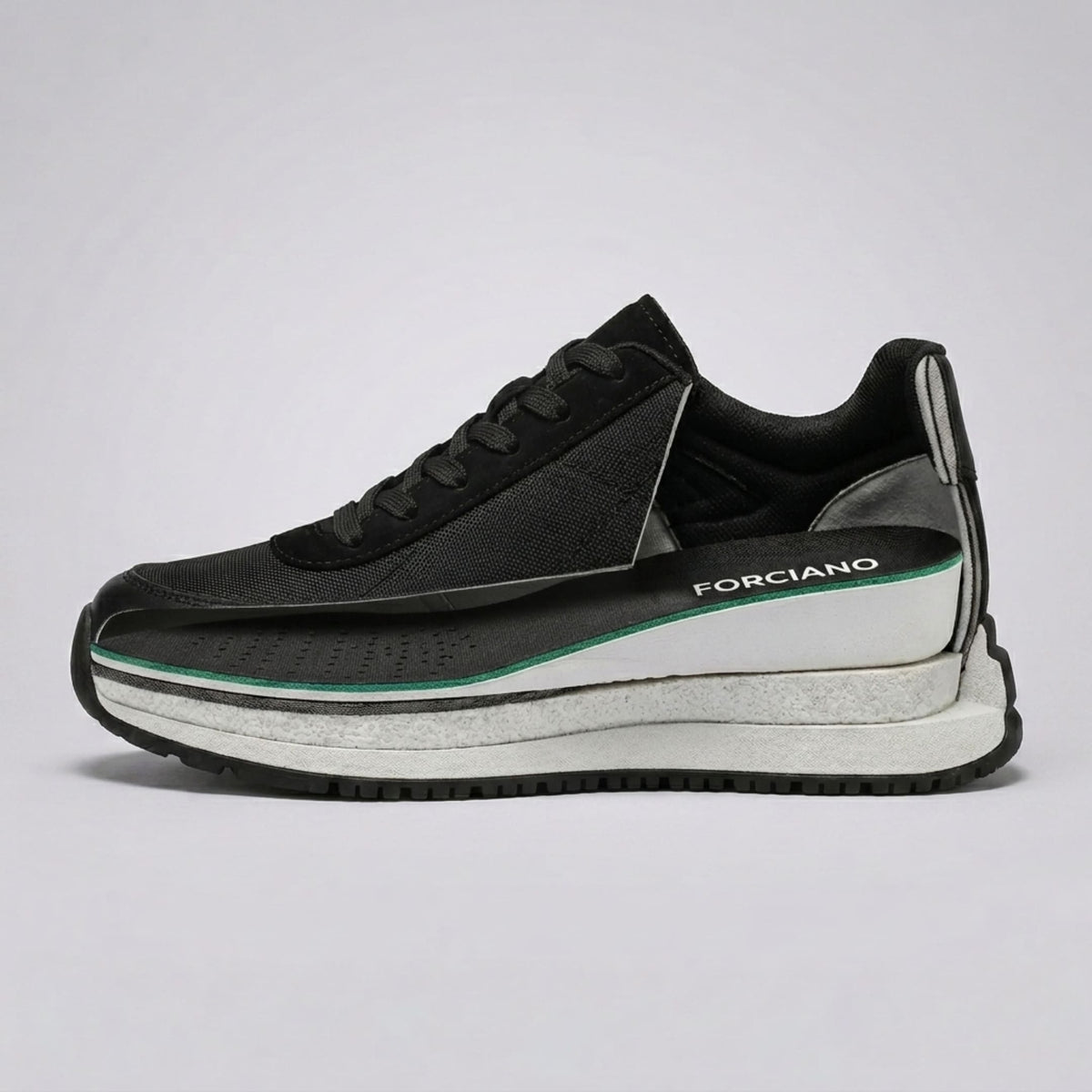 FORCIANO AEROX black height increasing sneakers shown in a side cutaway view exposing the internal height structure and FORCIANO-branded insert.