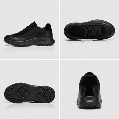FORCIANO AEROX black height increasing sneakers shown in a four-view collage with side profile, top view, outsole view and rear view.