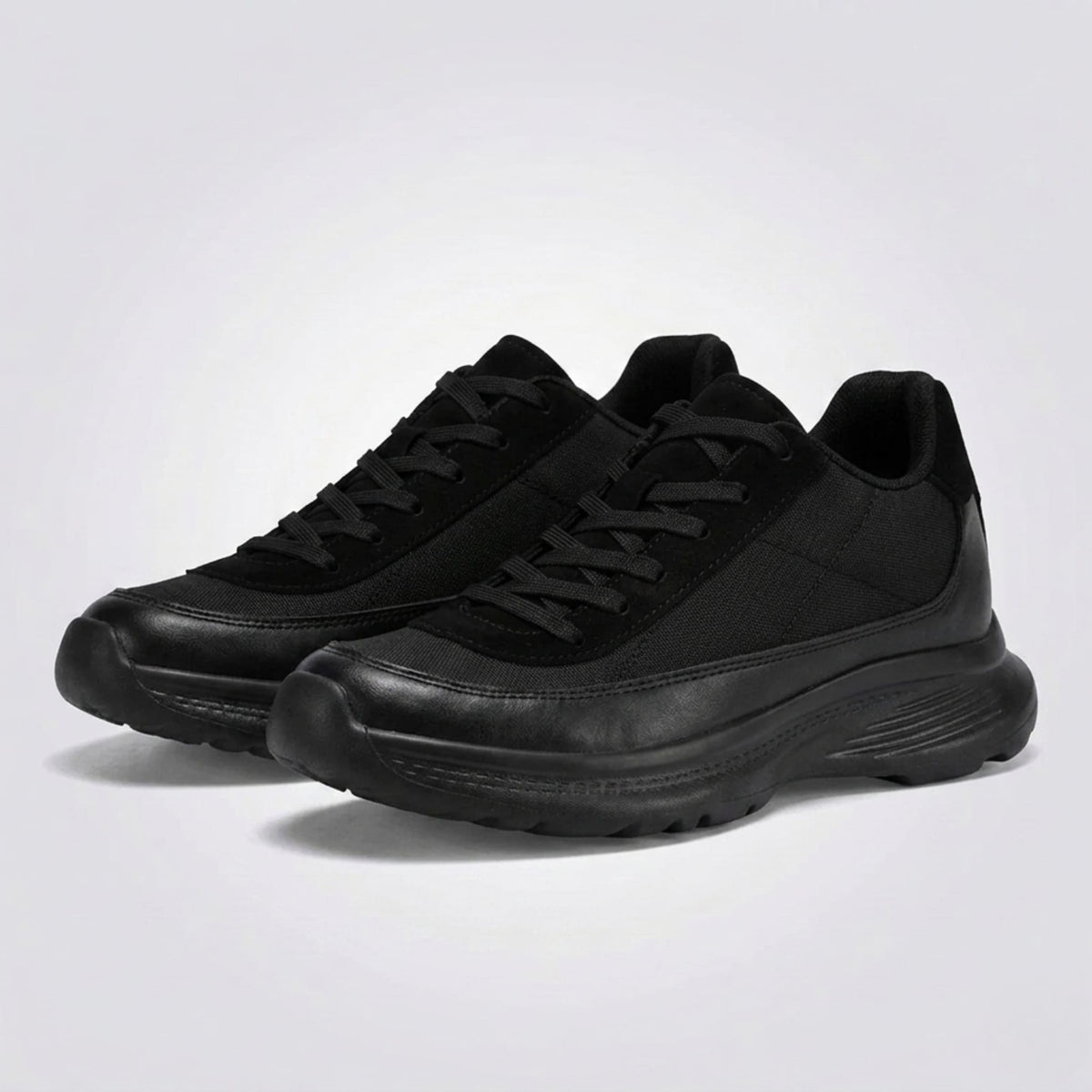 FORCIANO AEROX black height increasing sneakers with premium leather upper displayed as a pair from front three-quarter angles.