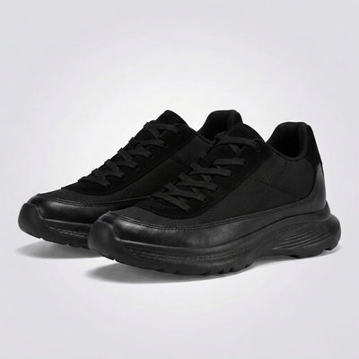 FORCIANO AEROX black height increasing sneakers with premium leather upper displayed as a pair from front three-quarter angles.