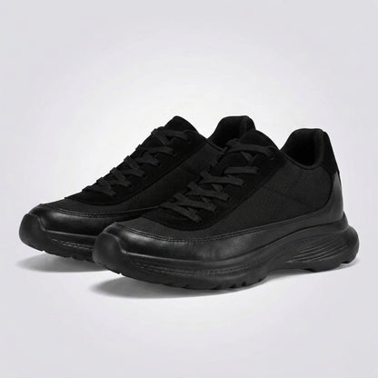 FORCIANO AEROX black height increasing sneakers with premium leather upper displayed as a pair from front three-quarter angles.