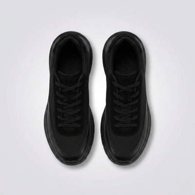 FORCIANO AEROX black height increasing sneakers with premium leather upper displayed as a pair from a top view with black laces visible.