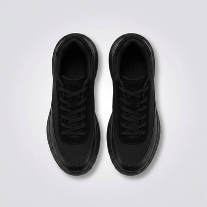 FORCIANO AEROX black height increasing sneakers with premium leather upper displayed as a pair from a top view with black laces visible.
