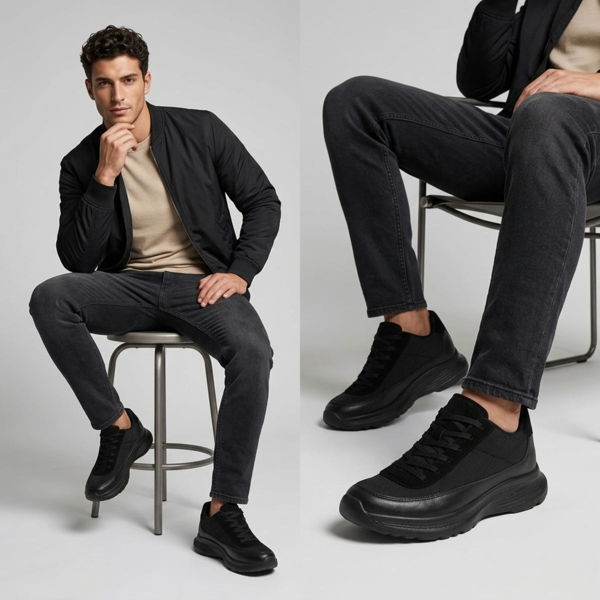 FORCIANO AEROX black height increasing sneakers with premium leather upper worn by a seated model in combined full-body and close-up lifestyle views.