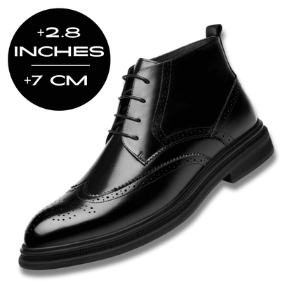 FORCIANO ALTIER black leather elevator boot shown with a 7 cm / 2.8 inches height increase graphic in a front three-quarter product view.