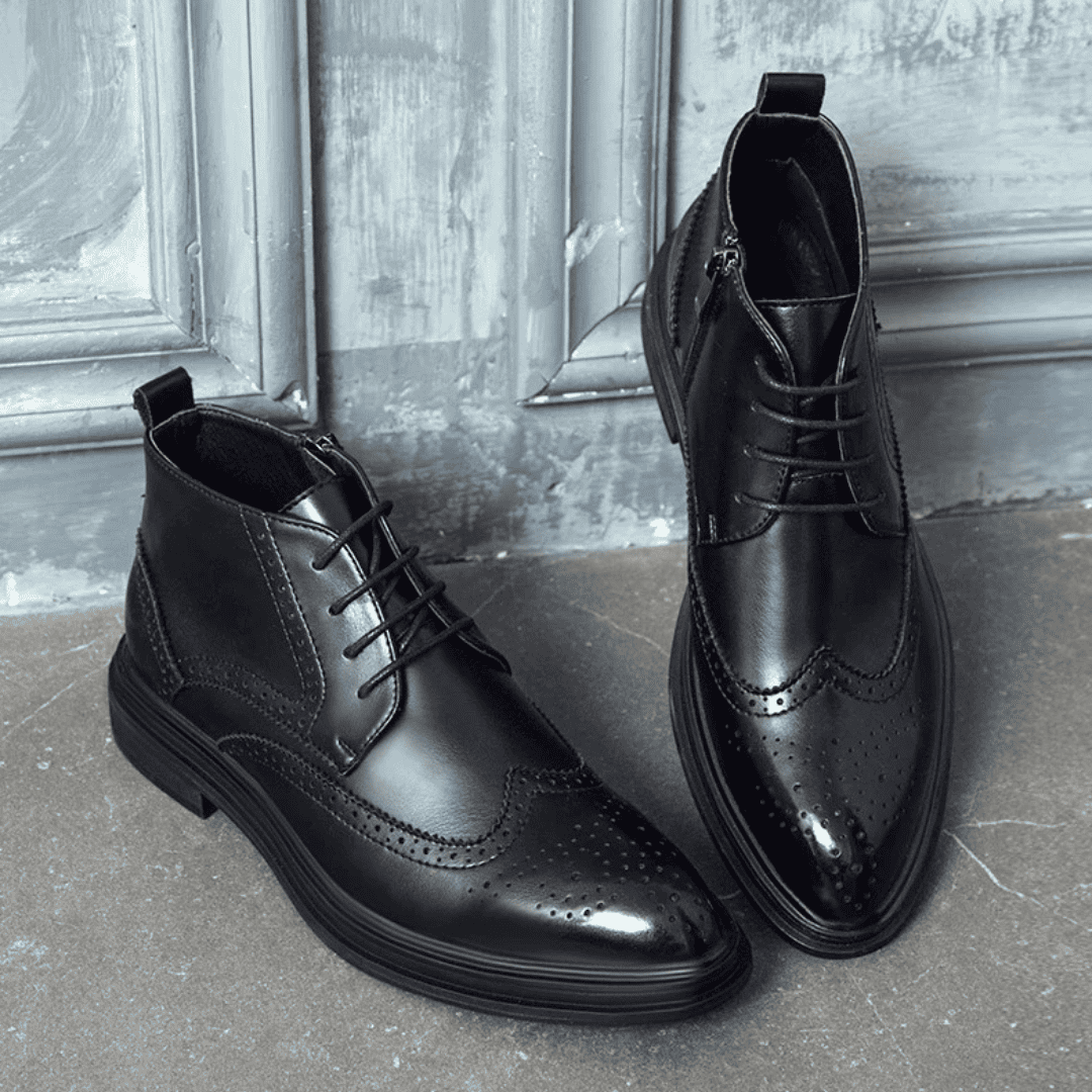 FORCIANO ALTIER black leather elevator boots shown as a pair from front and three-quarter angles with lace-up fronts and brogue detailing.