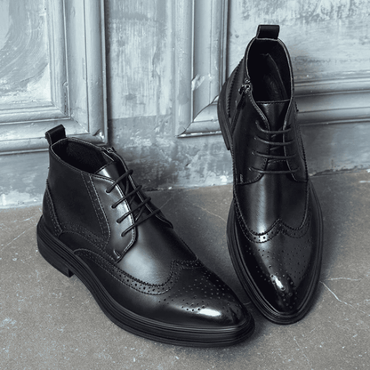 FORCIANO ALTIER black leather elevator boots shown as a pair from front and three-quarter angles with lace-up fronts and brogue detailing.