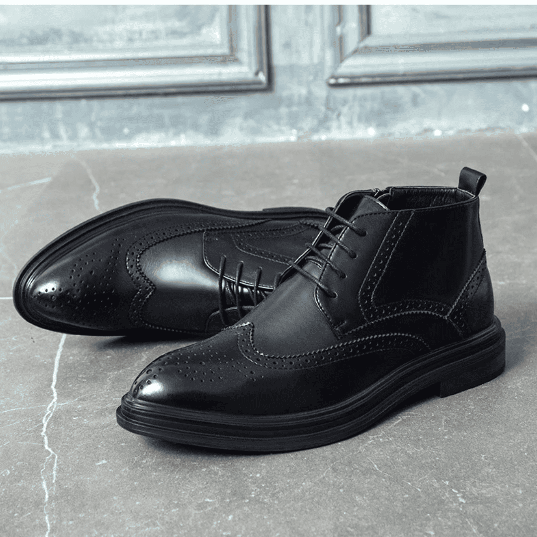 FORCIANO ALTIER black leather elevator boots displayed as a pair with one boot in side view and one at a front three-quarter angle.