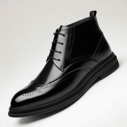 FORCIANO ALTIER black leather elevator boot in a close three-quarter product view, showing the lace-up front, brogue detailing and ankle silhouette.