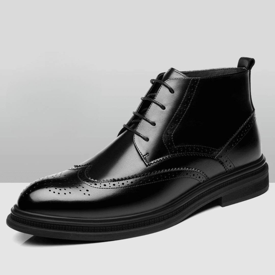 FORCIANO ALTIER black leather elevator boot in a clean side three-quarter profile with laces, brogue perforations and ankle-height design.