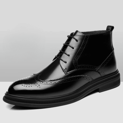 FORCIANO ALTIER black leather elevator boot in a clean side three-quarter profile with laces, brogue perforations and ankle-height design.