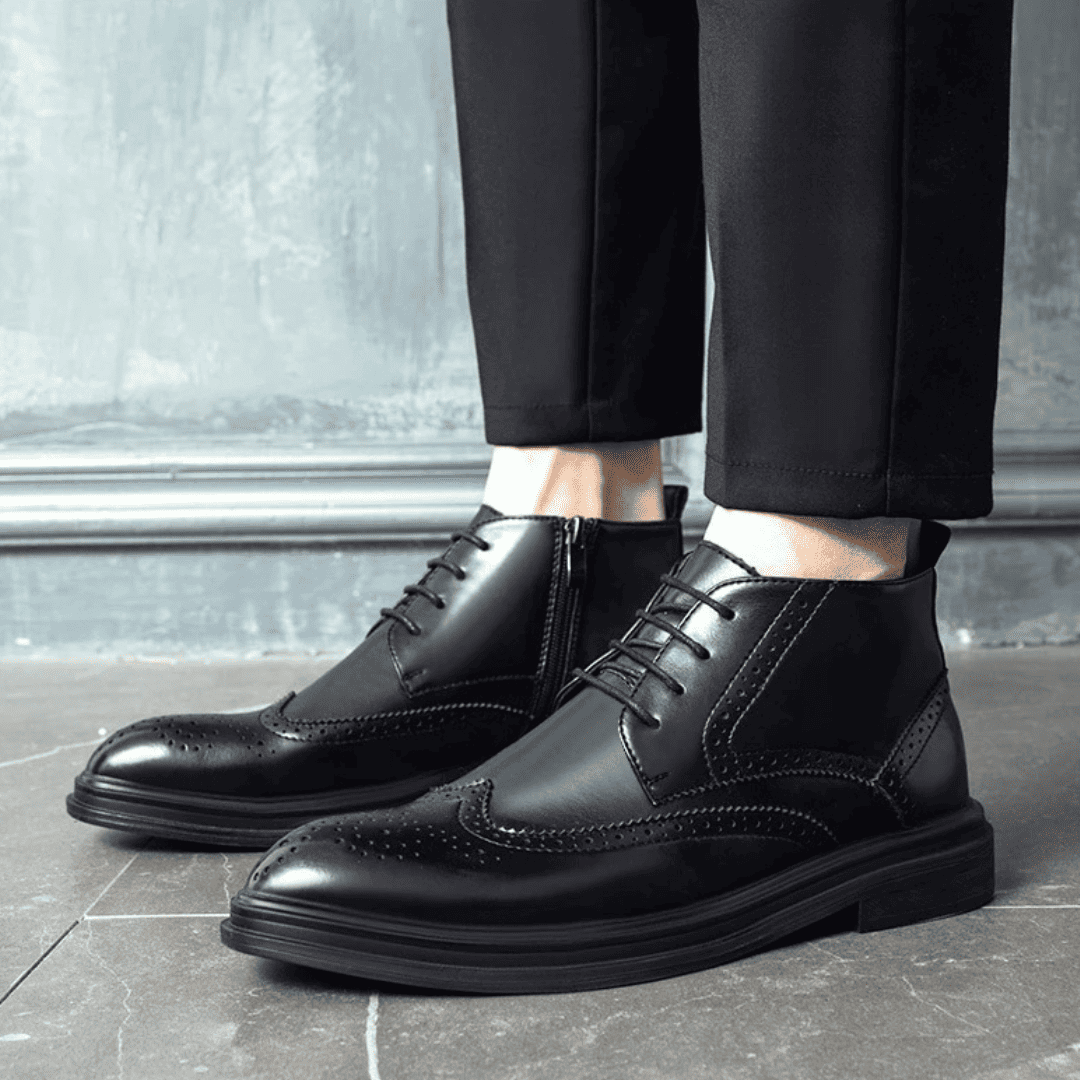 FORCIANO ALTIER black leather elevator boots worn in a side three-quarter lifestyle view with the ankle profile and lace-up construction visible.