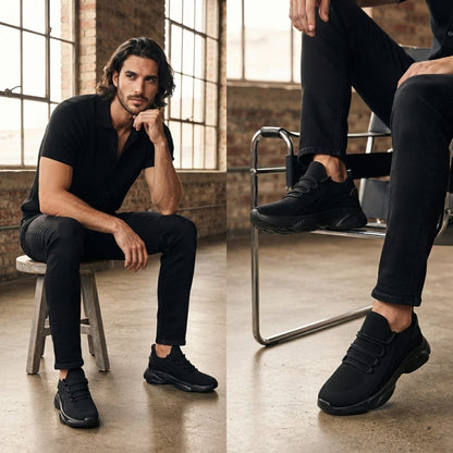 FORCIANO ALTITUDE black height increasing sneakers worn with an all-black casual outfit
