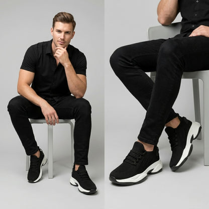 FORCIANO ALTITUDE black height increasing sneakers worn with a black smart-casual outfit