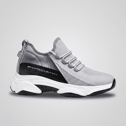 FORCIANO ALTITUDE gray height increasing sneaker shown from the side with the internal lift area visible