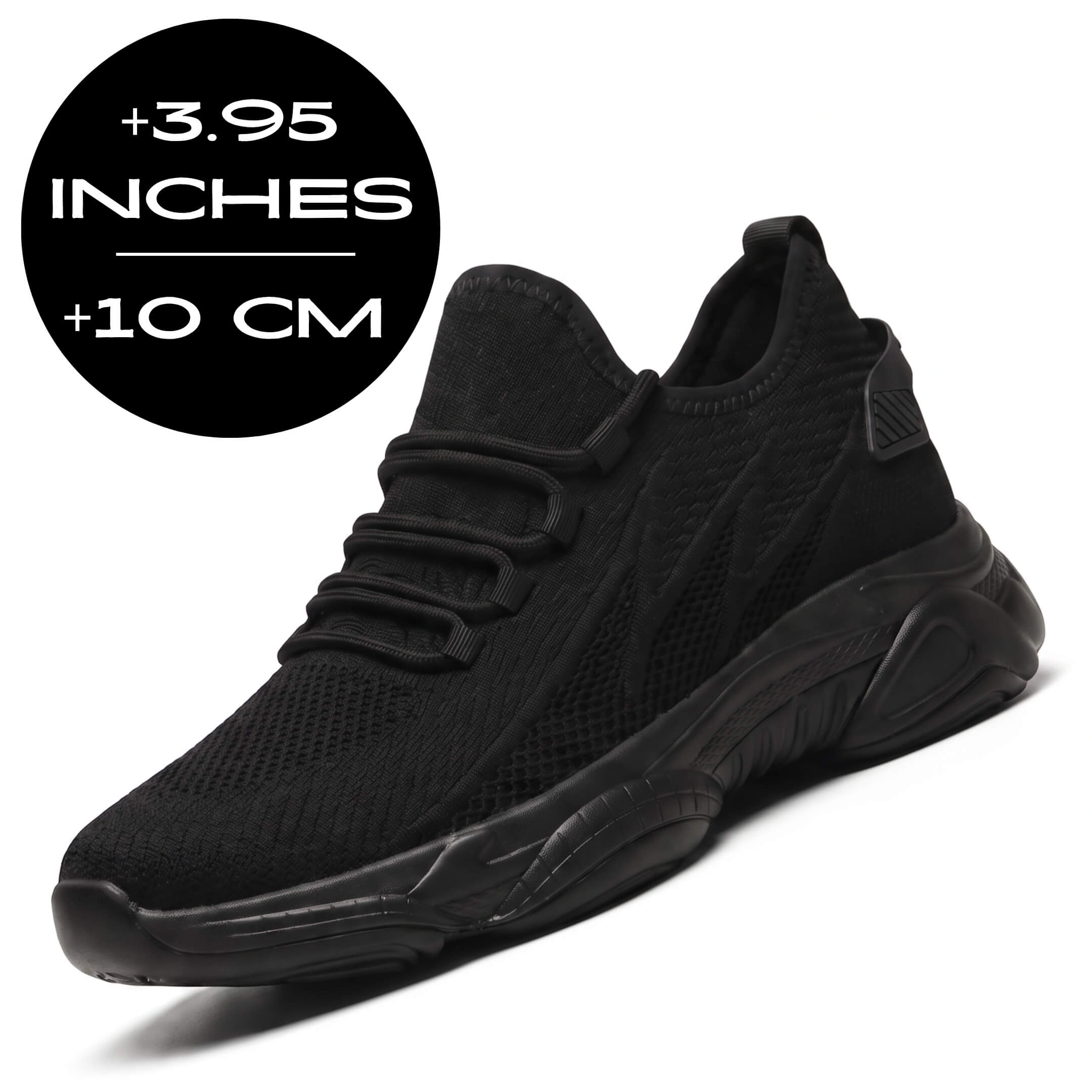 FORCIANO ALTITUDE all black height increasing sneakers with breathable mesh construction and 3.95 inch / 10 cm lift, shown in front angled view.