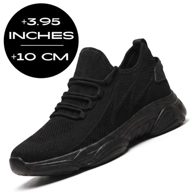 FORCIANO ALTITUDE all black height increasing sneakers with breathable mesh construction and 3.95 inch / 10 cm lift, shown in front angled view.