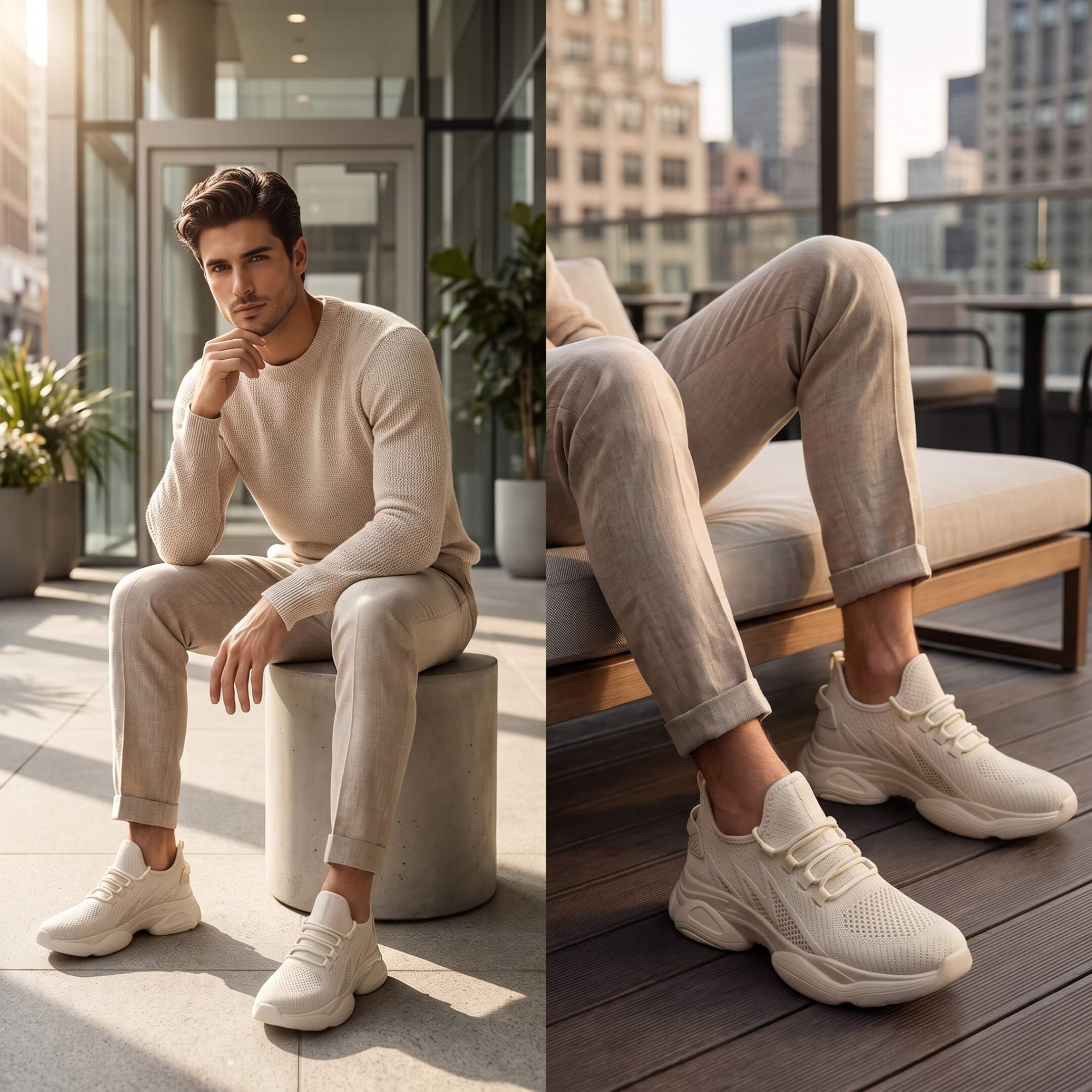 Men wearing FORCIANO ALTITUDE beige height increasing sneakers in a lifestyle setting, highlighting the breathable mesh design and elevated sole.