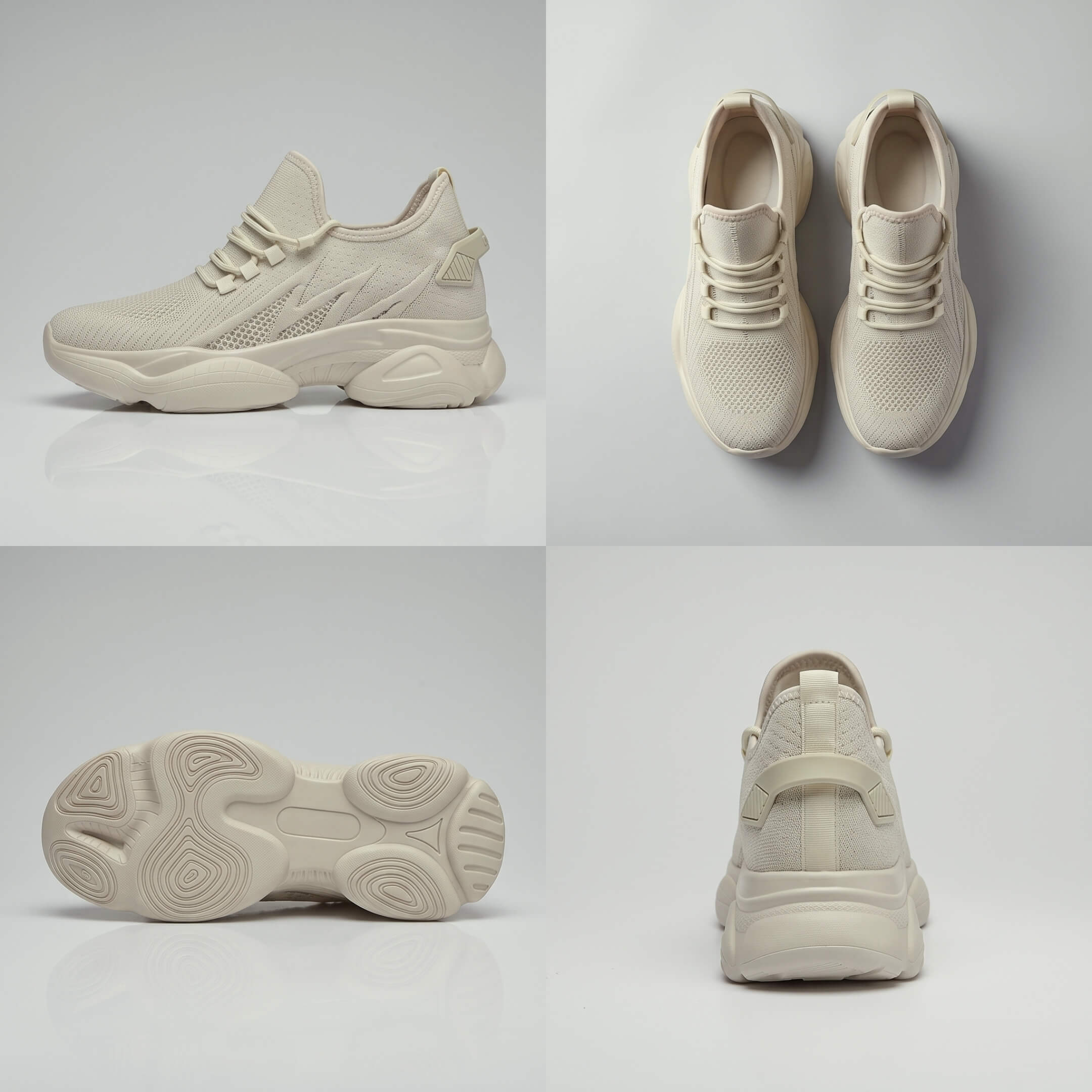 Multi-view collage of FORCIANO ALTITUDE beige height increasing sneakers showing side, top, outsole and back views in breathable mesh construction.