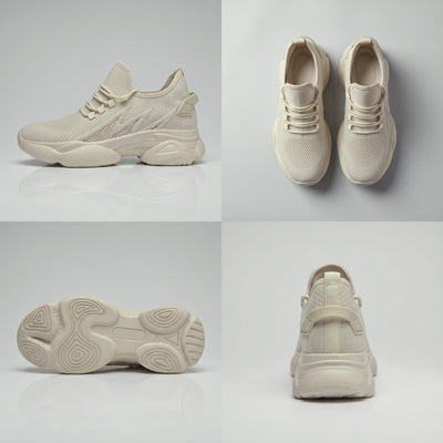 Multi-view collage of FORCIANO ALTITUDE beige height increasing sneakers showing side, top, outsole and back views in breathable mesh construction.