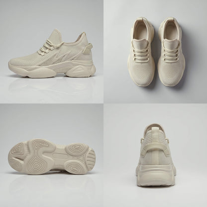 Multi-view collage of FORCIANO ALTITUDE beige height increasing sneakers showing side, top, outsole and back views in breathable mesh construction.