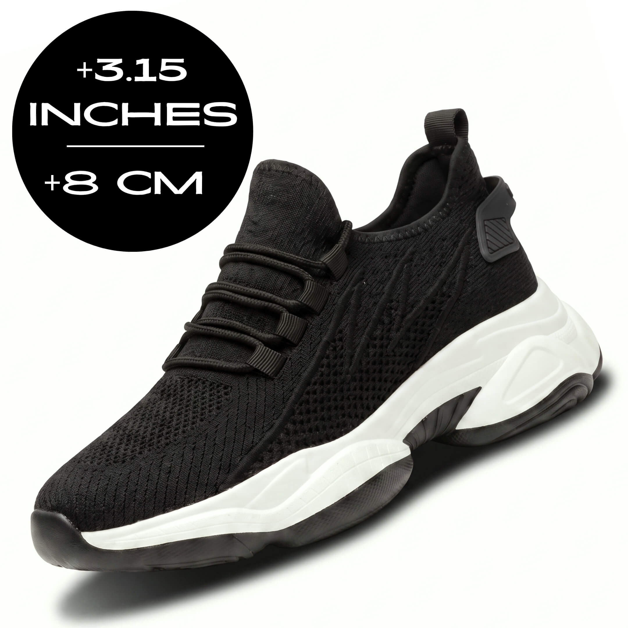 FORCIANO  ALTITUDE black and white elevator sneakers with breathable mesh upper and 3.15 inch / 8 cm lift, shown in front angled view.