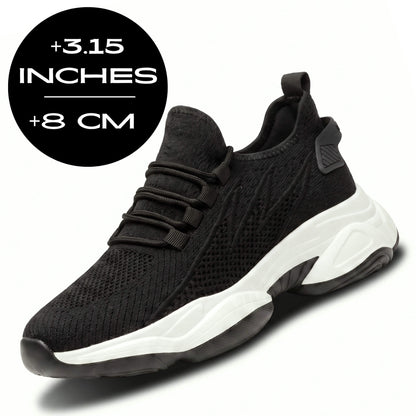 FORCIANO  ALTITUDE black and white elevator sneakers with breathable mesh upper and 3.15 inch / 8 cm lift, shown in front angled view.