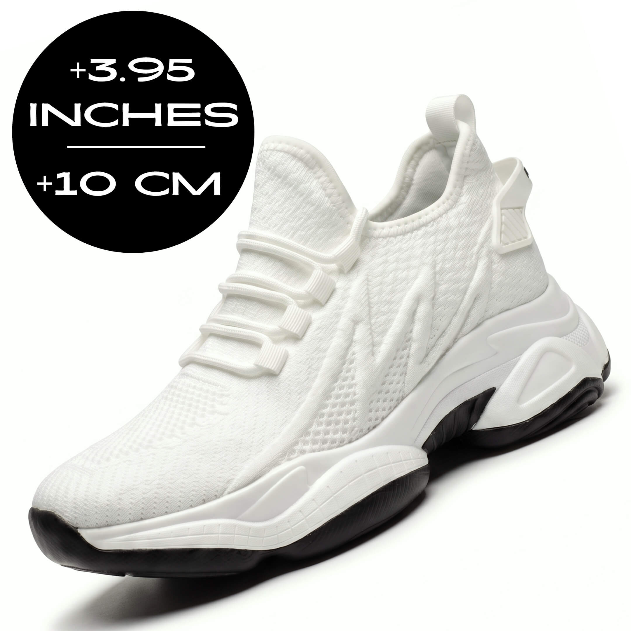FORCIANO ALTITUDE white height increasing sneakers with breathable mesh upper and 3.95 inch / 10 cm lift, shown in front angled product view.