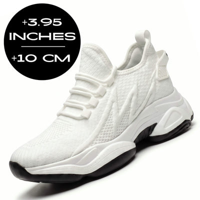 FORCIANO ALTITUDE white height increasing sneakers with breathable mesh upper and 3.95 inch / 10 cm lift, shown in front angled product view.
