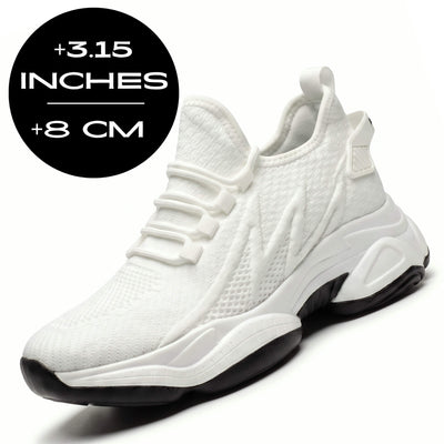 FORCIANO ALTITUDE white height increasing sneakers with breathable mesh upper and 3.15 inch / 8 cm lift, shown in front angled product view.