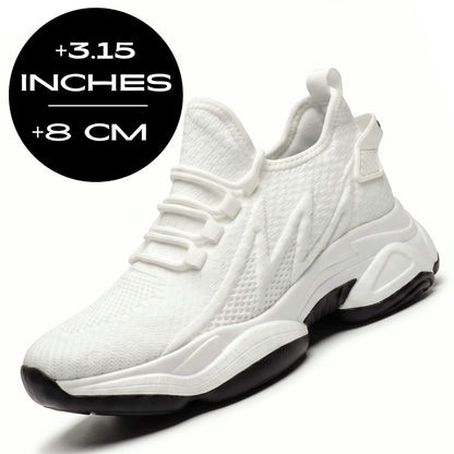 FORCIANO ALTITUDE white height increasing sneakers with breathable mesh upper and 3.15 inch / 8 cm lift, shown in front angled product view.