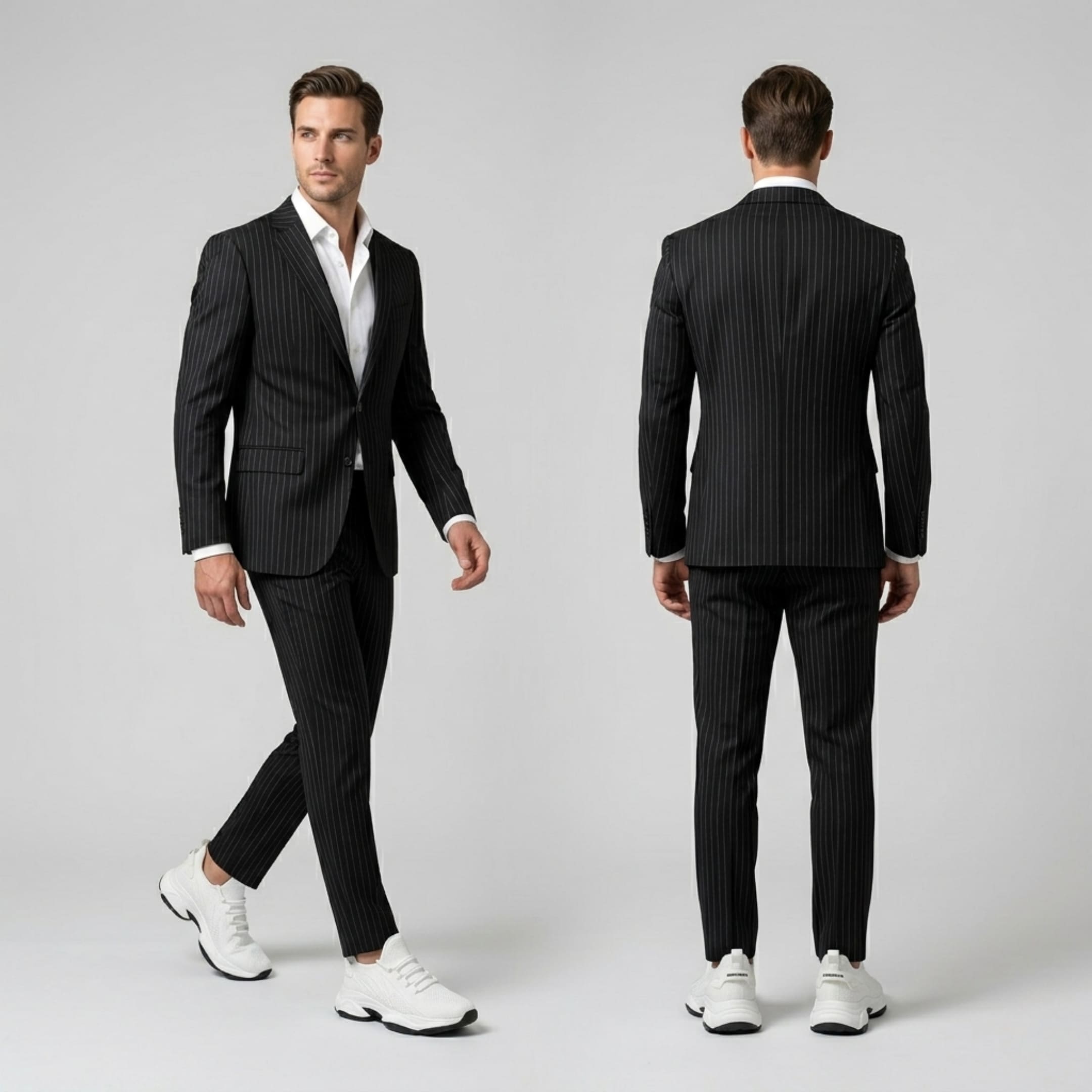 FORCIANO ALTITUDE white height increasing sneakers styled with a black pinstripe suit
