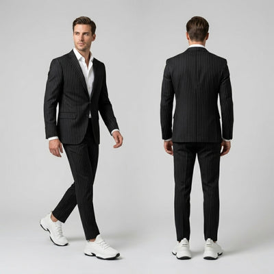 FORCIANO ALTITUDE white height increasing sneakers styled with a black pinstripe suit