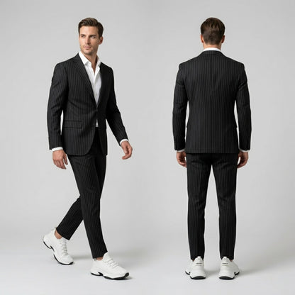 FORCIANO ALTITUDE white height increasing sneakers styled with a black pinstripe suit