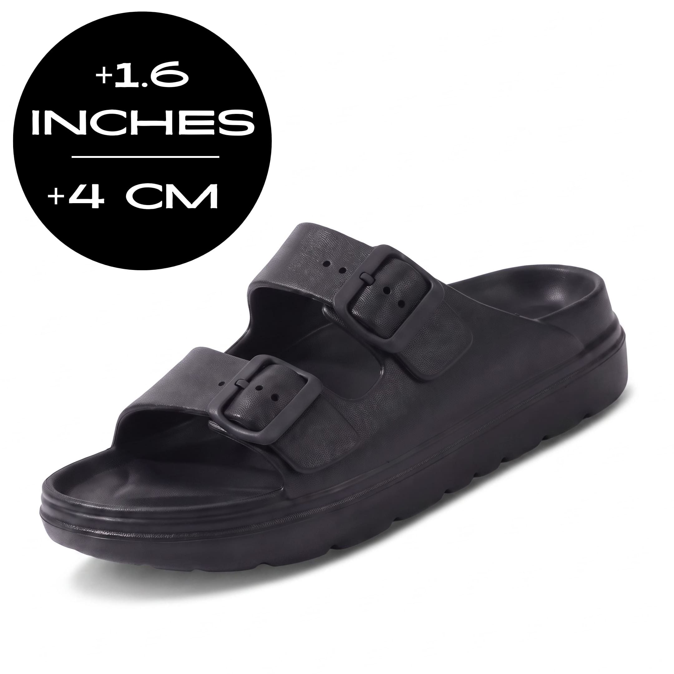 FORCIANO ARCHER black EVA sandal shown at a front three-quarter angle with an up to 4 cm / 1.6" height graphic for the Height Increasing Shoes.