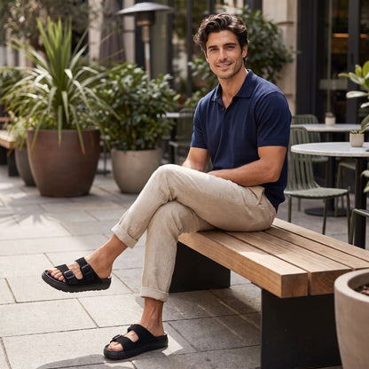 FORCIANO ARCHER black EVA sandals worn by a seated man outdoors, presenting the Height Increasing Shoes in a casual lifestyle setting.