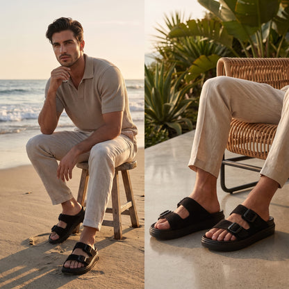 FORCIANO ARCHER black EVA sandals worn by a man in a split beach and patio lifestyle scene, showing the Height Increasing Shoes from seated angles.