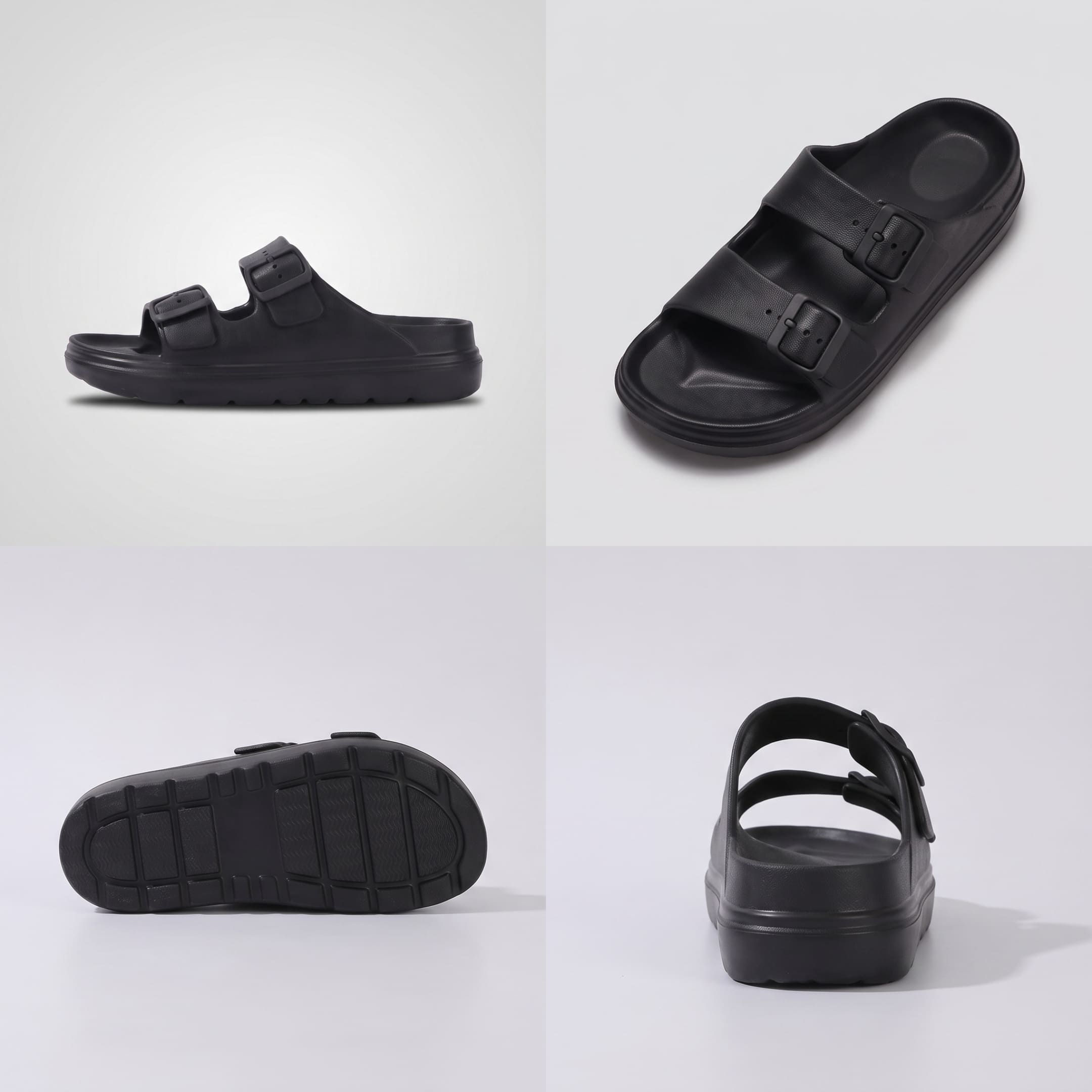 FORCIANO ARCHER black EVA sandals in a four-view collage showing side profile, angled top view, outsole and rear view of the Height Increasing Shoes.