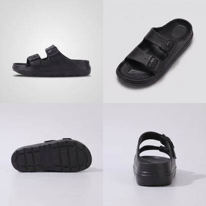 FORCIANO ARCHER black EVA sandals in a four-view collage showing side profile, angled top view, outsole and rear view of the Height Increasing Shoes.