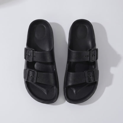 Top view of a pair of FORCIANO ARCHER black EVA sandals, showing the two buckle straps and molded footbeds of the Height Increasing Shoes.