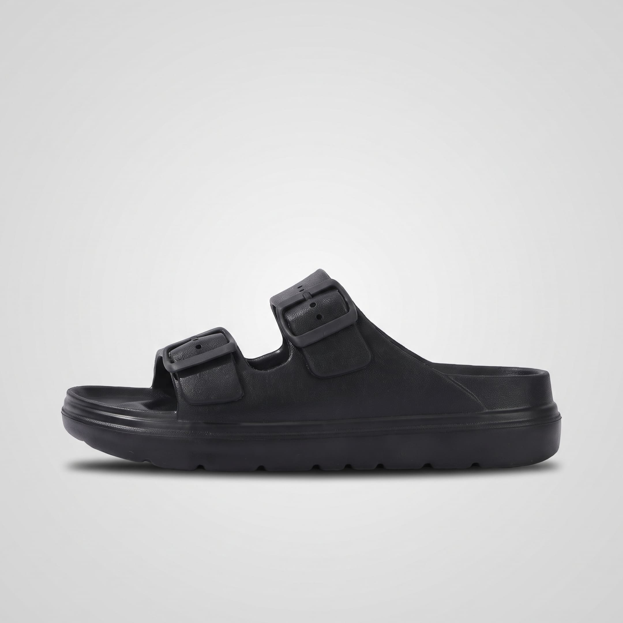 FORCIANO ARCHER black EVA sandal shown in full side profile, highlighting the two buckle straps and platform sole of the Height Increasing Shoes.
