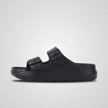 FORCIANO ARCHER black EVA sandal shown in full side profile, highlighting the two buckle straps and platform sole of the Height Increasing Shoes.