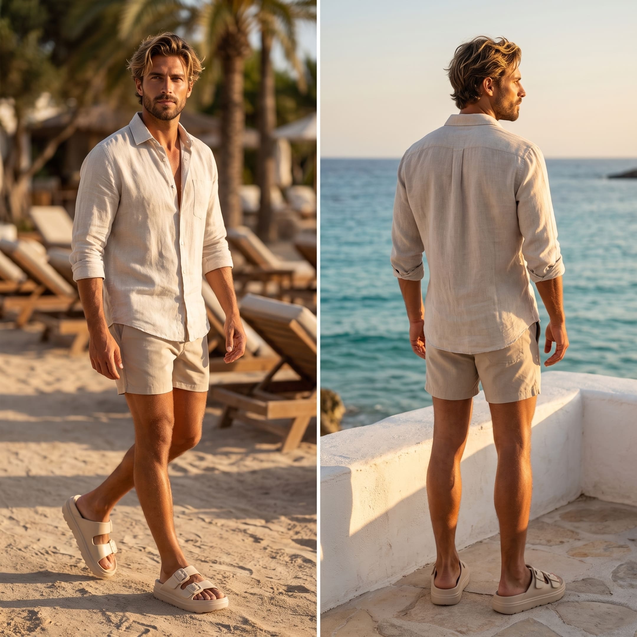 FORCIANO ARCHER khaki EVA sandals worn by a man in split front and rear seaside lifestyle views, showing the Height Increasing Shoes while walking and standing.